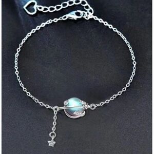 Sterling Silver Aurora Blue Moonstone Planet Star Heart Bracelet 925 New 7.5 In